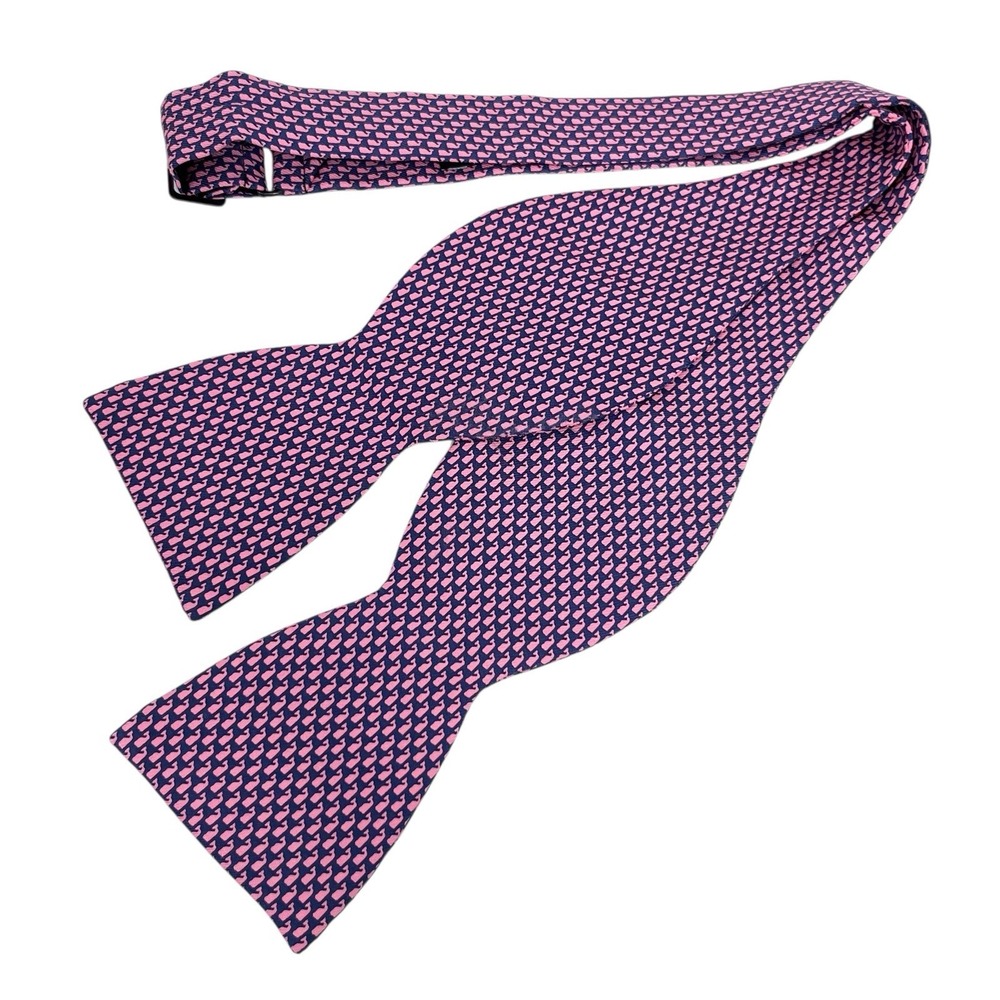 Vineyard Vines Men's Bow Tie Classic Whale Logo Pink & Navy Silk 2.5" x 36" guc